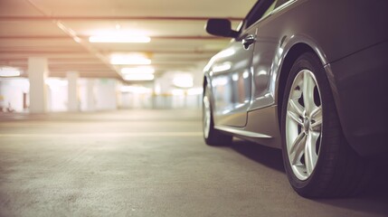 Black car is parked in a parking garage