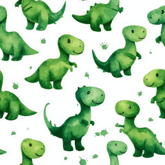 Naklejka premium Premium Toddler Watercolor Green Dinosaurs Seamless Pattern with Paint Splatter on White