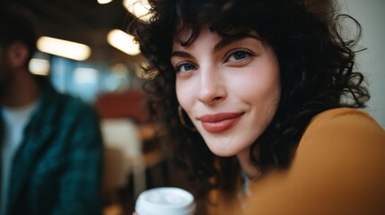Woman with curly hair is smiling and holding a cup