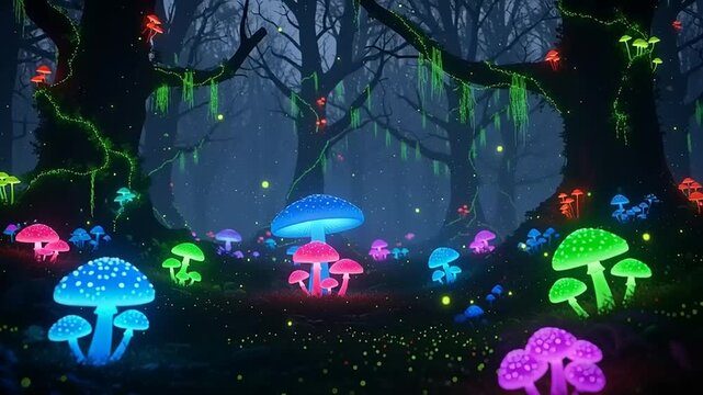 Glowing Mushrooms in Dark Forest Scene.