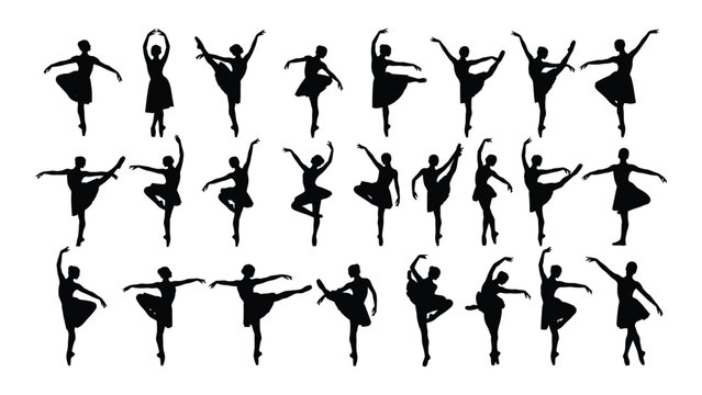 Silhouettes of dancers performing ballet moves in a row isolated on white background, Vector