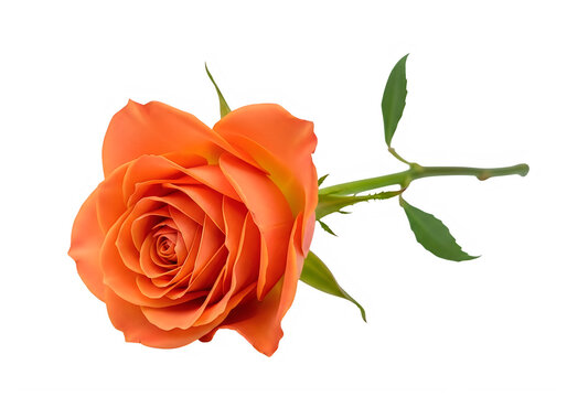 A single vibrant orange rose with a green stem and leaves on a white background isolated on transparent background