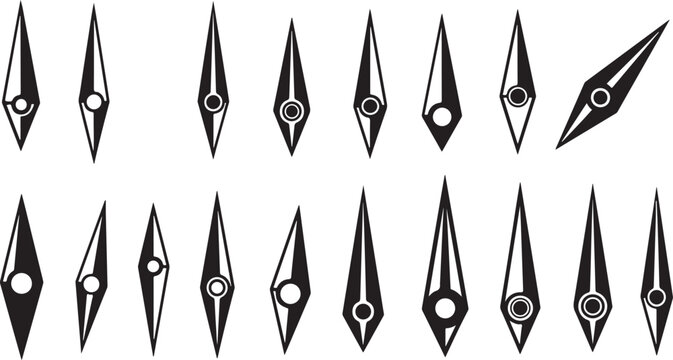 Collection of various sharp black and white arrowheads isolated