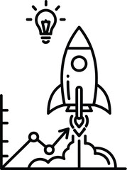 Line art icon of rocket ship launching with light bulb idea on isolated on transparent background silhouette