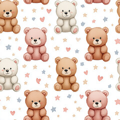 Fototapeta premium Cute Watercolor Teddy Bears Seamless Pattern with Pastel Stars and Hearts (Nursery Style)