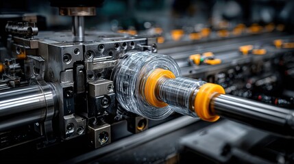 Fototapeta premium Close-up Shot of an Advanced Injection Molding Machine Used for Crafting Intricate Plastic Components 