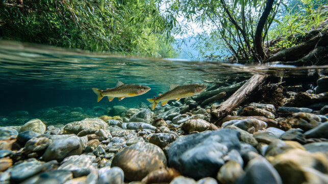 Underwater stream with two fish swimming over rocky riverbed, clear water, natural daylight