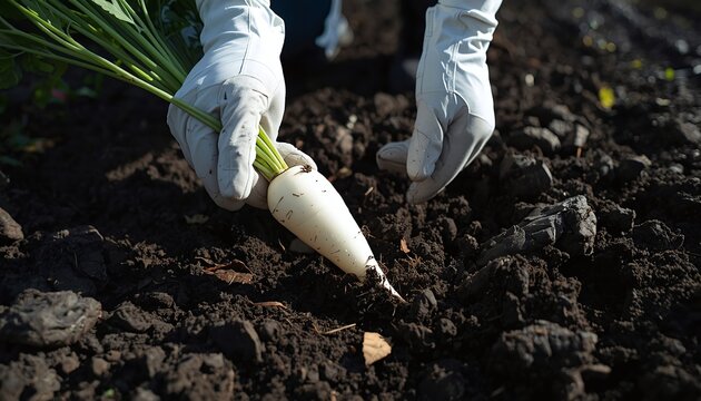 Hands Wearing Garden Gloves picking Mooli (White Radish)