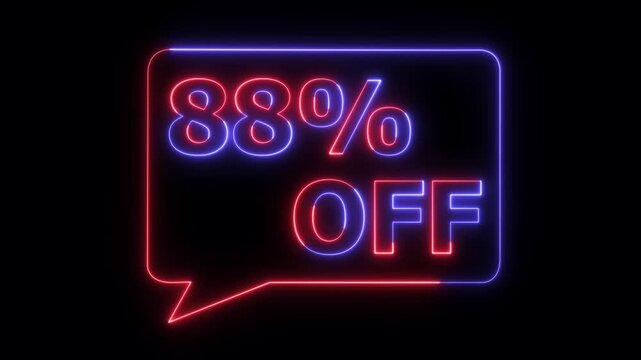 Neon discount sign 88 percent off glowing blue red digital sale banner advertisement modern bright lighting display commercial promotion