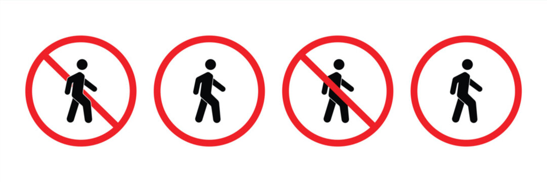 Sign is no pedestrian. Prohibition sign, no pedestrian crossing. Red crossed circle with a silhouette of a man inside. It is not allowed to go over. Round red stop sign, do not cross road.