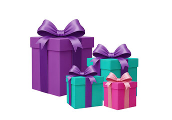 Obraz premium Three colorful gift boxes with purple ribbons stacked and presented on transparent background