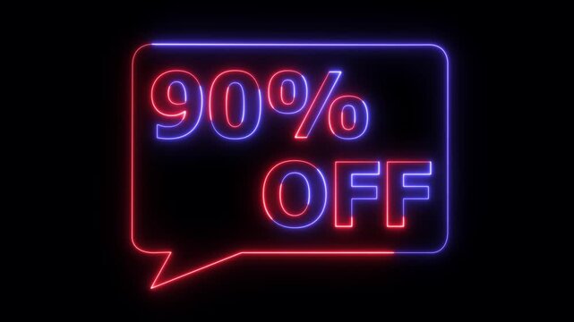 Neon discount sign 90 percent off sale glowing bright blue red digital display modern advertising promotion commercial offer