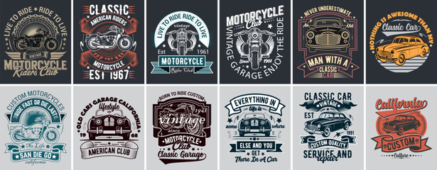 A collection of vintage motorcycle and classic car t-shirt designs.