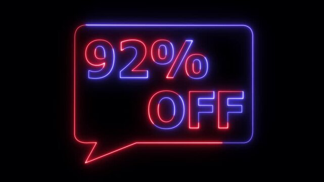 Neon discount sale banner with 92 percent off glowing in red and blue lights on black background for advertising