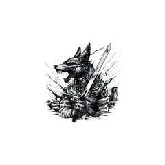 Obraz premium Fierce Anubis warrior or werewolf roaring with a sword in a dynamic vintage engraving style.