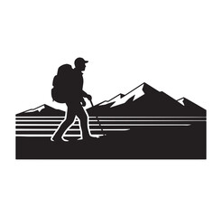 Obraz premium hiker walking with backpack and trekking poles in front of mountain range landscape