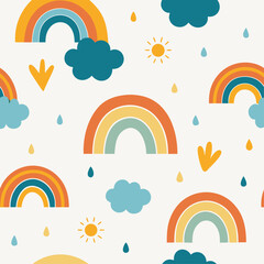 Seamless pattern with hand drawn rainbows clouds and sun in a soft pastel color palette for kids