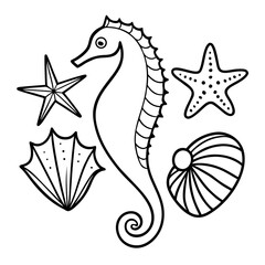 Black and white line art illustration of a seahorse, starfish, and seashells for coloring