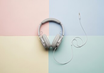 Gray headphones on a pastel colored background