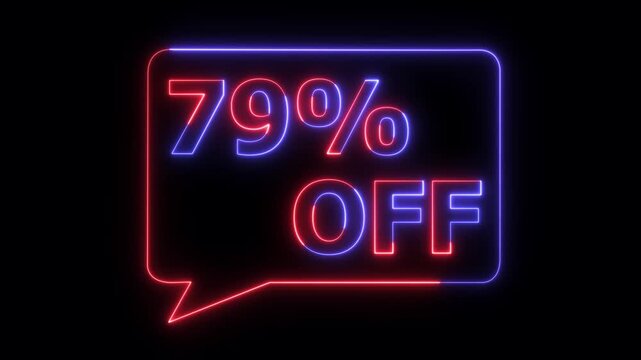 Neon discount sale banner with 79 percent off glowing red and blue digital sign for advertising and marketing promotions
