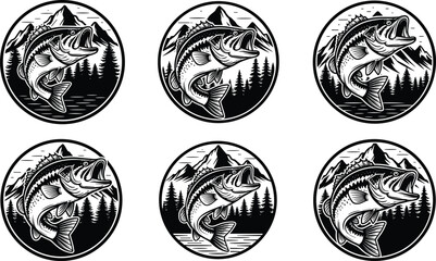 Set of six black and white circular fishing emblems featuring leaping bass fish with forest mountain lake background illustrations