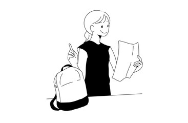 旅行の荷造りとチェックリストを確認する女性のイラスト　旅の準備　手書きベクター素材