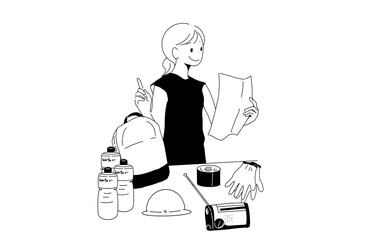 防災グッズをリュックに詰める女性のイラスト　備蓄の点検と準備　手書きベクター素材