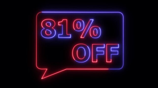 Neon digital sale banner with 81 percent discount glowing blue red light on black background commercial offer