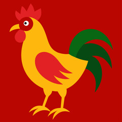 Colorful cartoon rooster illustration with yellow body and red wings on a dark red background