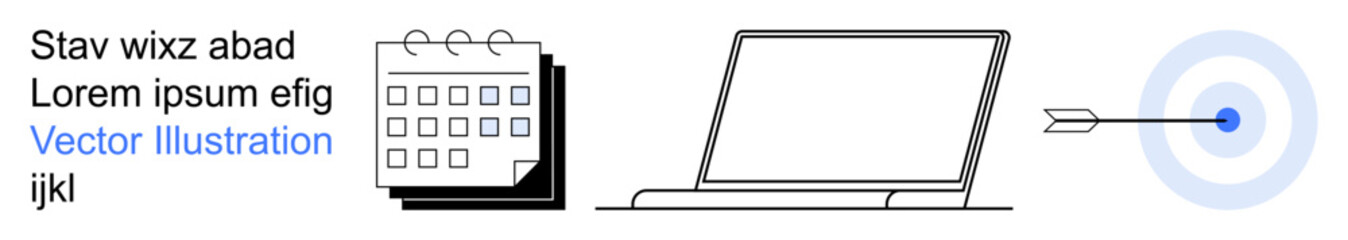 Obraz premium Time management, productivity tools, strategic planning, achievement, scheduling, organization. Minimalist calendar, laptop and target with arrow. Time management and productivity tools concept