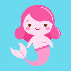 Cute cartoon pink mermaid illustration with a smiling face on a light blue background.