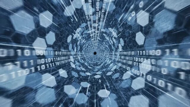 Futuristic Digital Data Tunnel with Binary Code and Hexagonal Patterns, Representing High-Speed Information Flow and Cyberspace Connectivity
