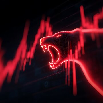 Close-up neon red bear claw slashing glowing stock chart,