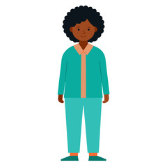 Cartoon illustration of a smiling black woman with an afro wearing a teal outfit and pants