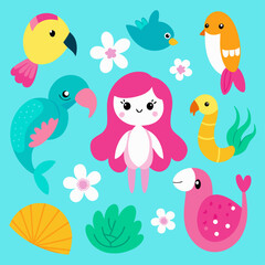 Cute cartoon illustration featuring a pink haired girl surrounded by colorful birds and flowers