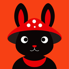 Cute black rabbit character wearing a red mushroom cap hat against a bright orange background
