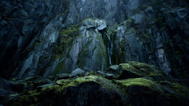 Cascading Waterfall Down Mossy Rocks in a Scenic Natural Landscape