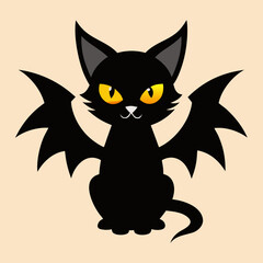 Cartoon illustration of a spooky black cat with bat wings and glowing yellow eyes