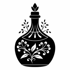 Black and white vintage perfume bottle illustration with intricate floral patterns and leaf accents.