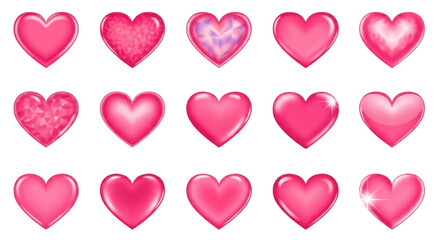 Obraz premium Assortment of vibrant pink heart shapes with different textures and reflective surfaces for romantic or love themes