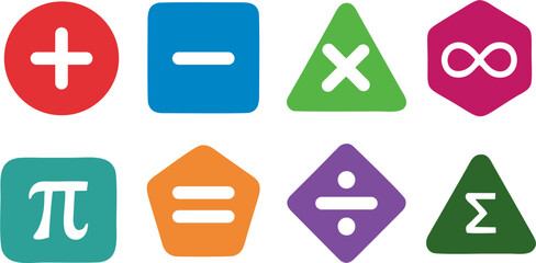 Mathematical symbols arranged neatly in colorful icons on a clean background