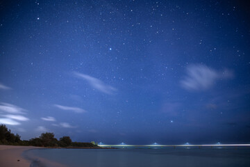 宮古島と来間島にかかる来間大橋上空の星空を与那覇前浜ビーチより撮影