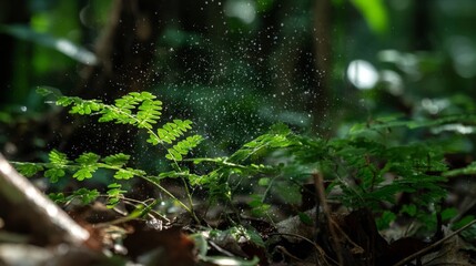 Delicate Waterfall Spray Falls on Lush Green Leaves in Forest