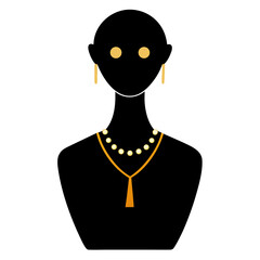 Black silhouette of a female bust adorned with elegant gold earrings and necklaces