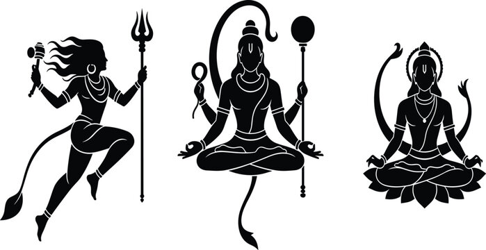 Set of black silhouette illustrations depicting Hindu deity Lord Hanuman in various poses including meditating and holding his traditional gada mace