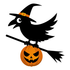 Cartoon black crow wearing a witch hat perched on a broomstick with a carved halloween pumpkin.