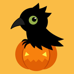 A cute black crow with green eyes perched on top of a carved halloween jack-o'-lantern pumpkin.
