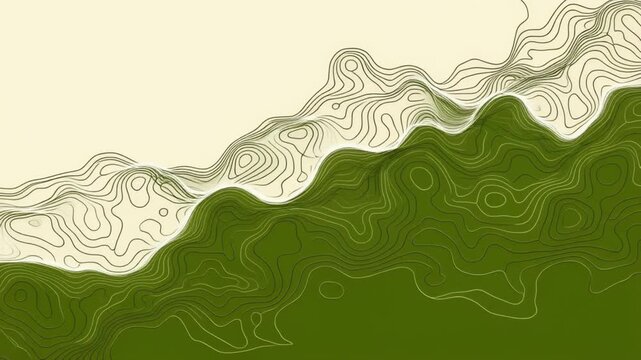 Abstract topographic map lines animated on two-tone background of olive green and cream, elevation reveals, strategy presentation template