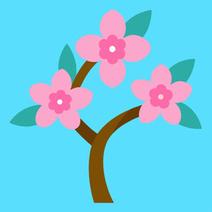 A stylized illustration of a blooming cherry blossom tree branch with pink flowers and green leaves