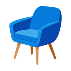 Modern blue armchair with wooden legs isolated on a white background for interior design.